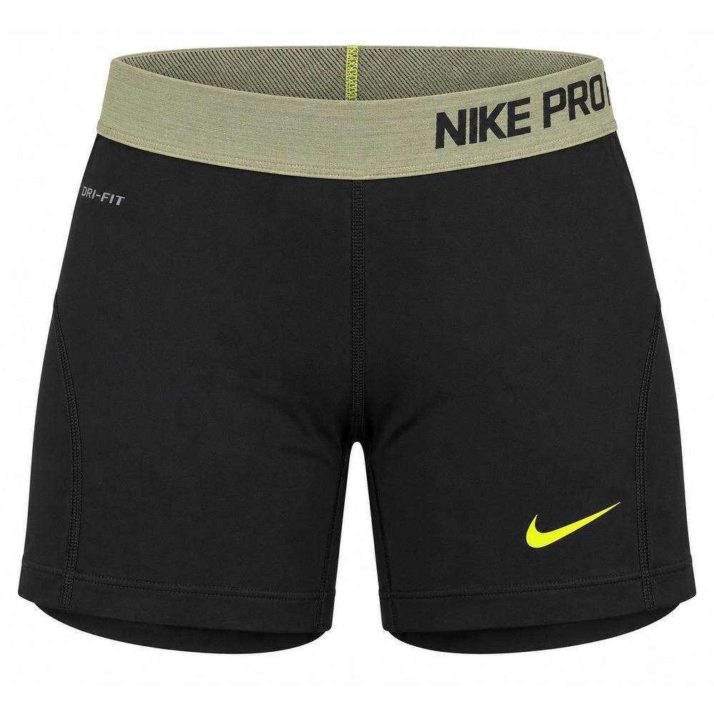 Nike Pro Dri-FIT Women Black Compression Shorts Olive Waistband XS 0139